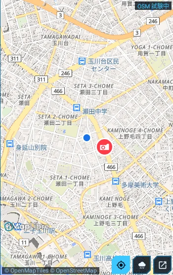 地図パネル。OpenStreetMap の地図に、現在地の青い点と、オービスの赤い印